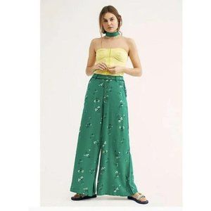 Free people pants Womens 4 Bennie floral print wide leg green viscose button fly